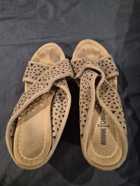 Minnetonka Taupe Laser-Cut Suede Slide Sandals